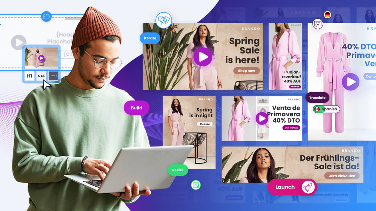 Man holding laptop and UI images 